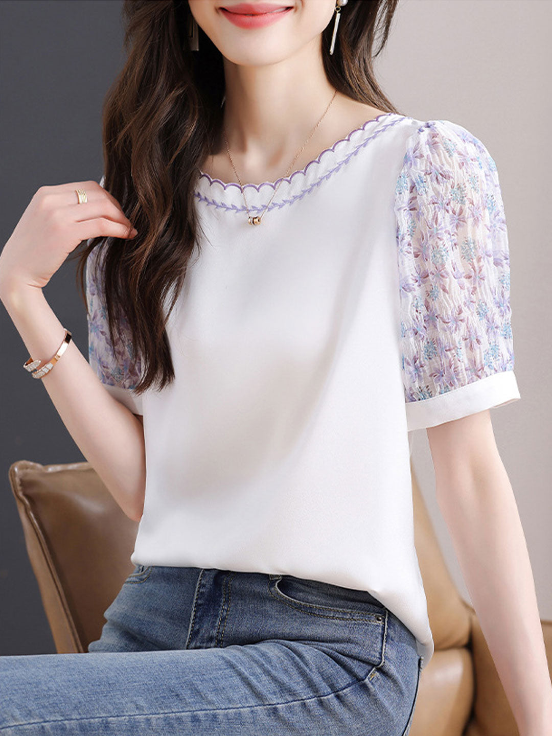 Chloe Classic Crew Neck Embroidered Floral Chiffon Top