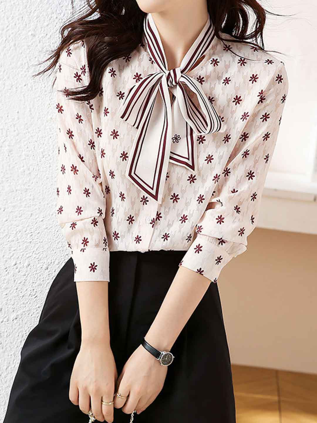 Anna Elegant Printed Ribbon Shirt