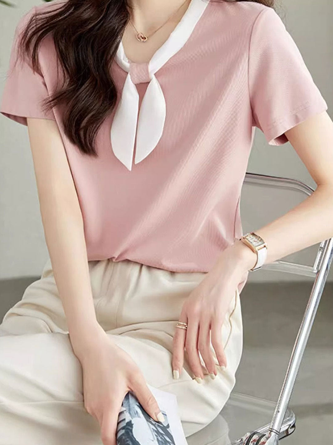 Serenity Classic V-Neck Solid Color Bow Top