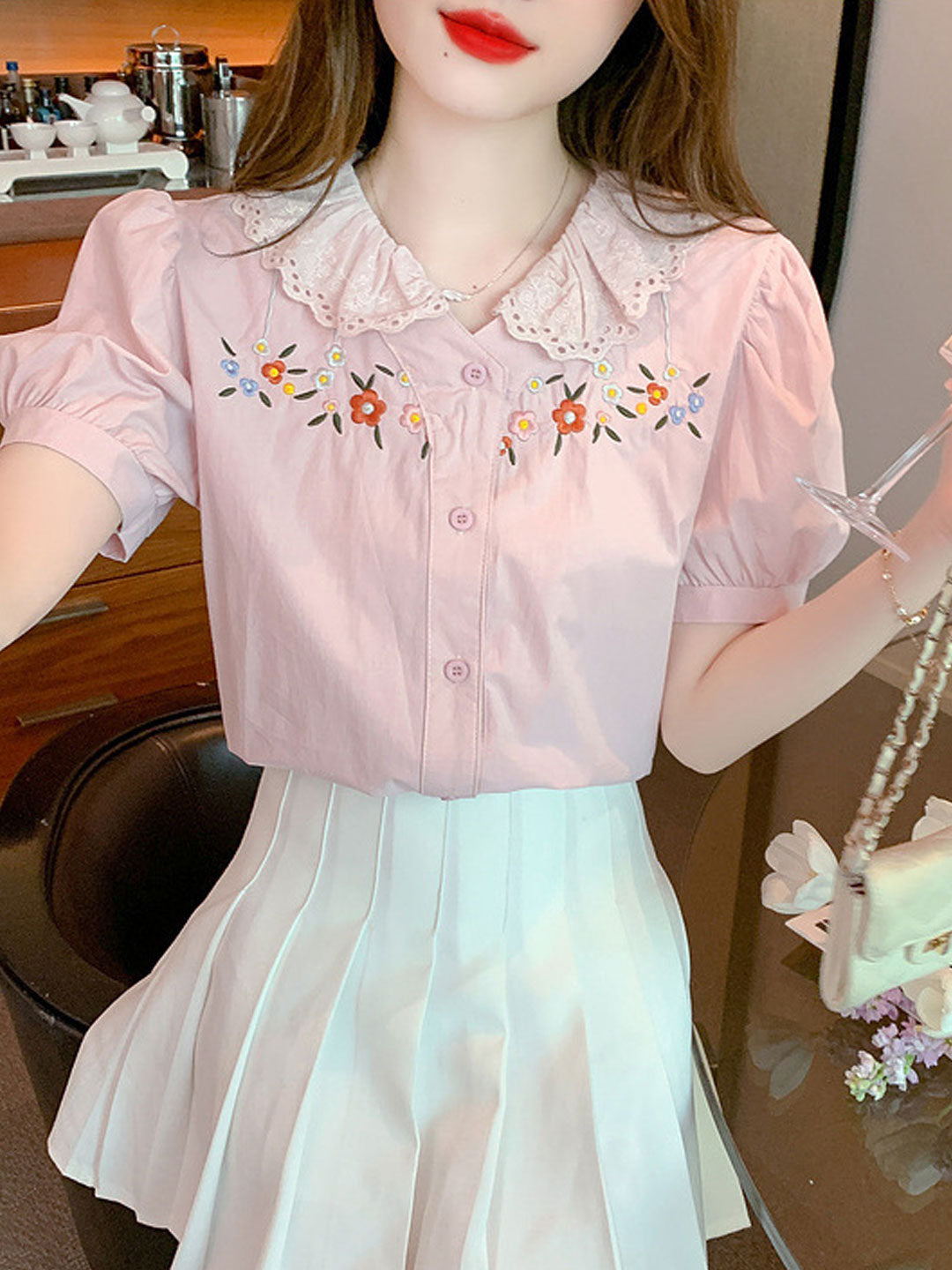 Melanie Retro Doll Collar Embroidered Lace Top