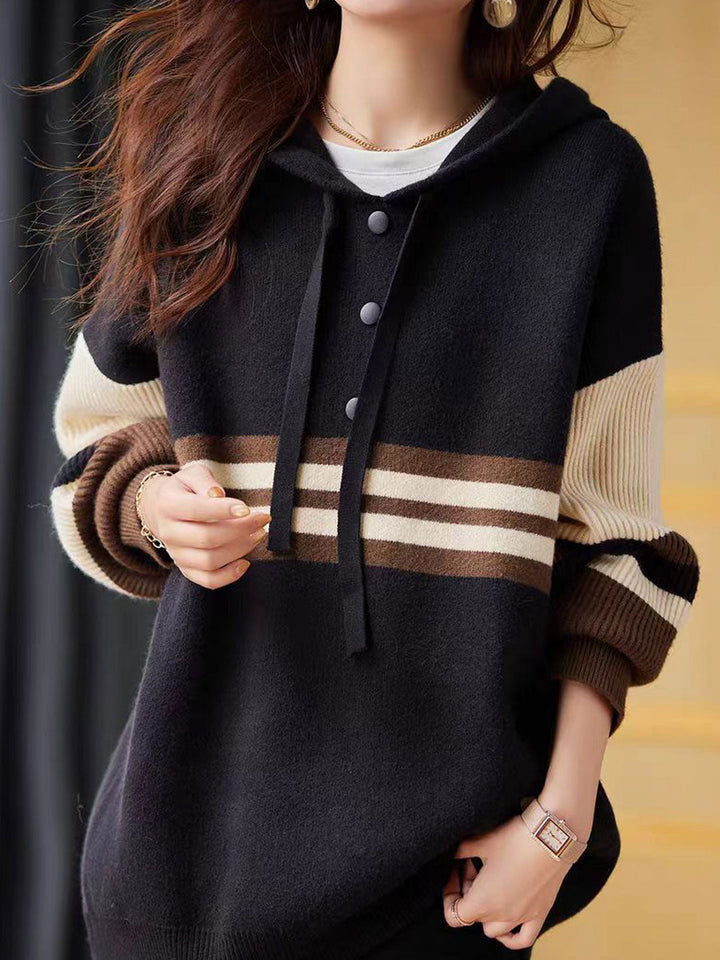 Kayla Casual Contrast Color Knitted Hooded Top