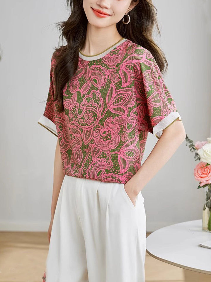 Aubrey Loose Crew Neck Floral Chiffon Top