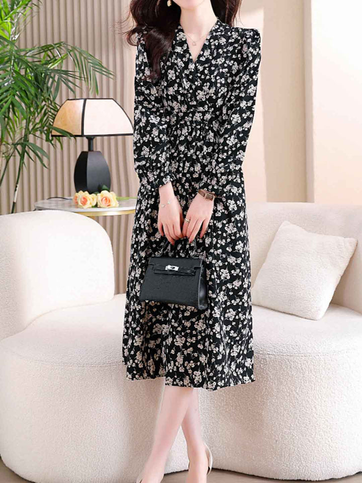 Taylor Retro V-Neck Lantern Sleeve Floral Dress