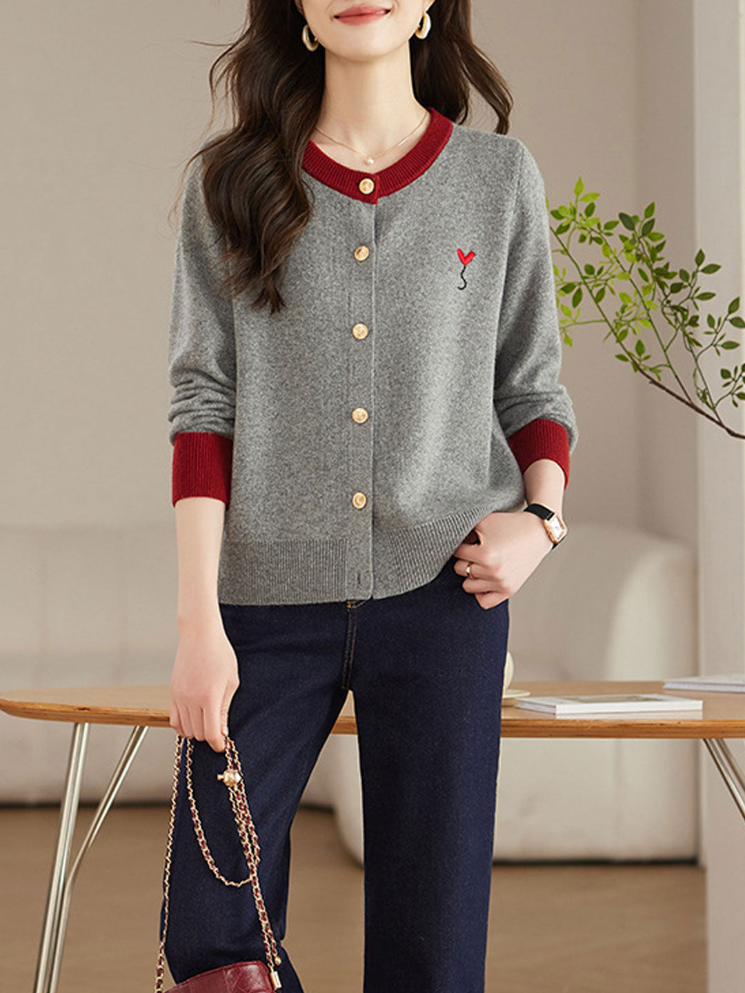 Ruby Loose Crew Neck Contrast Embroidered Knitted Cardigan