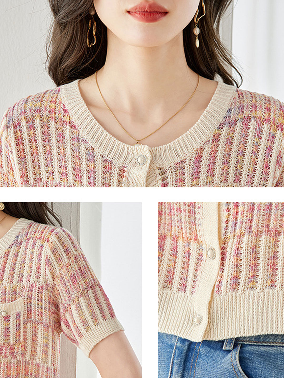 Lauren Loose Crew Neck Striped Knitted Cardigan