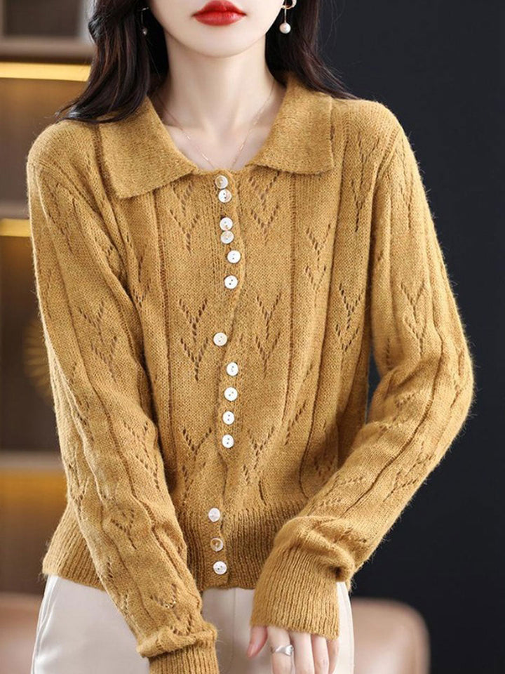 Natalie Polo Collar Solid Color Hollowed Knitted Cardigan