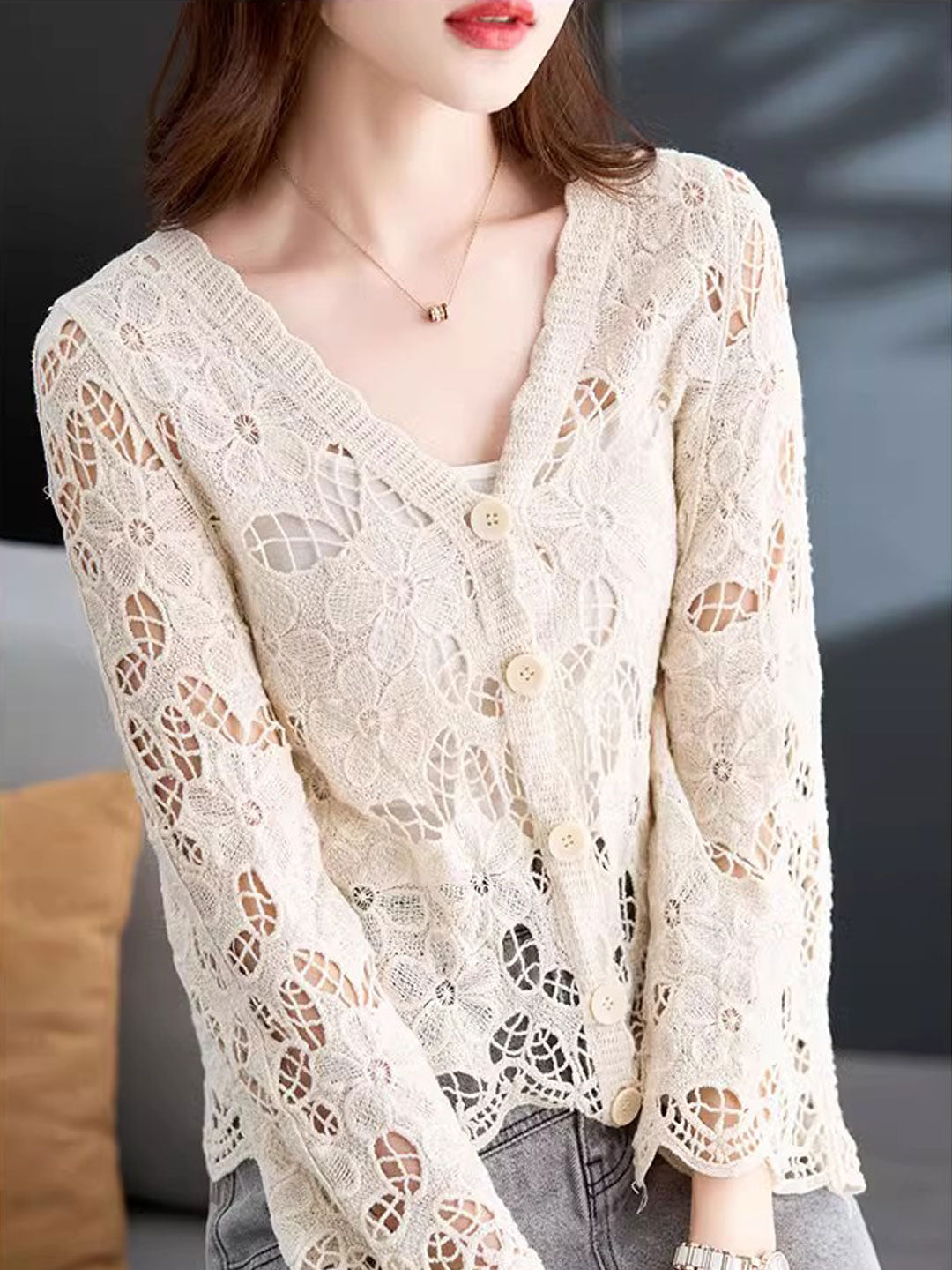 Emma Classic V-Neck Hollow Crochet Knitted Cardigan