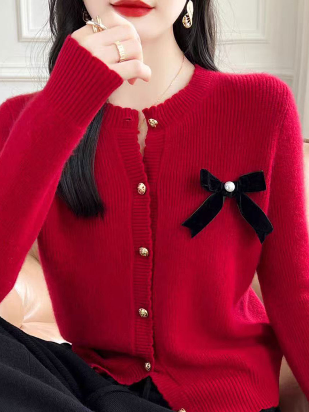 Sophia Retro Crew Neck Bow Knitted Cardigan