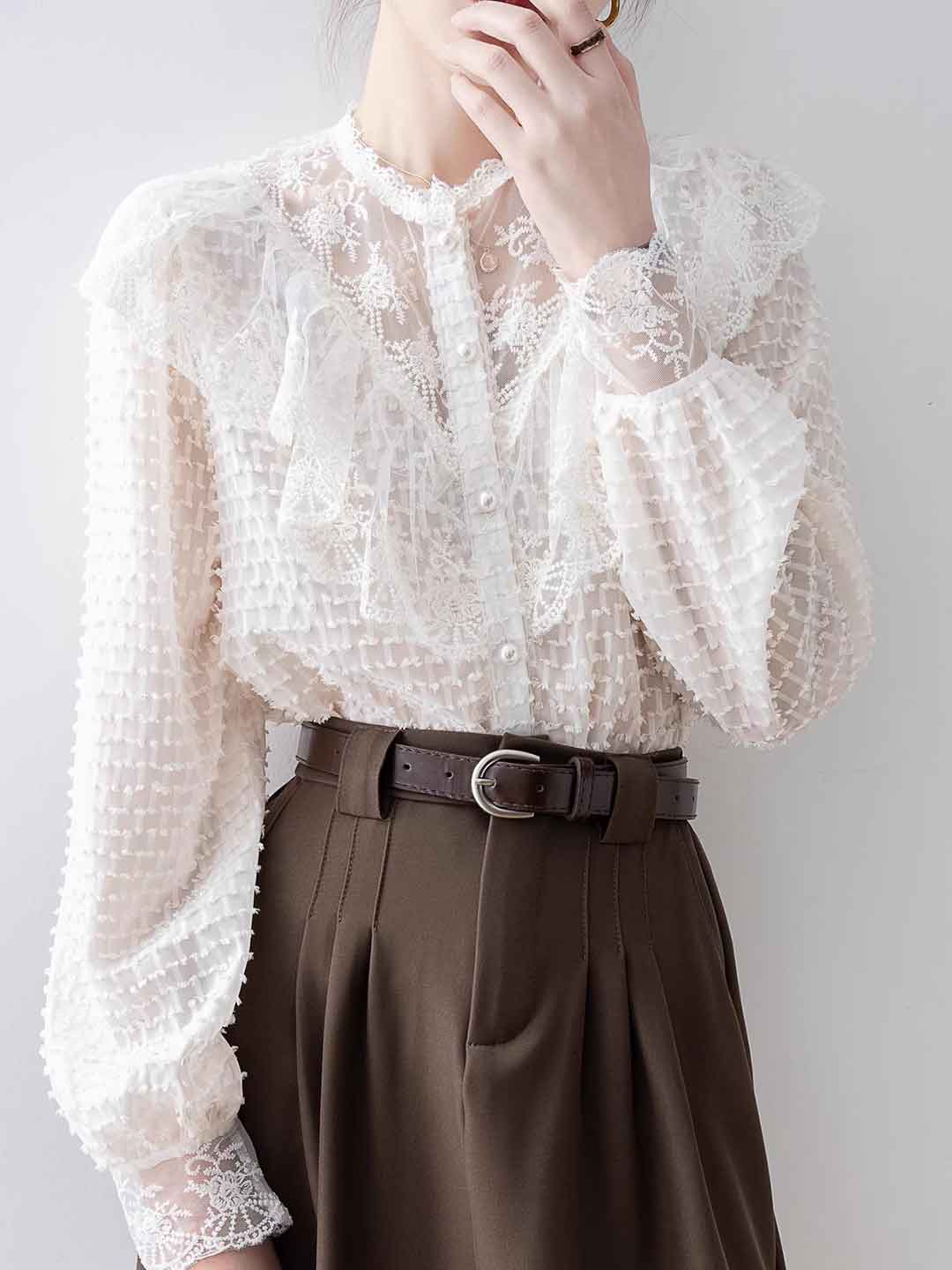 Olivia Vintage Crew Neck Lace Ruffle Mesh Shirt