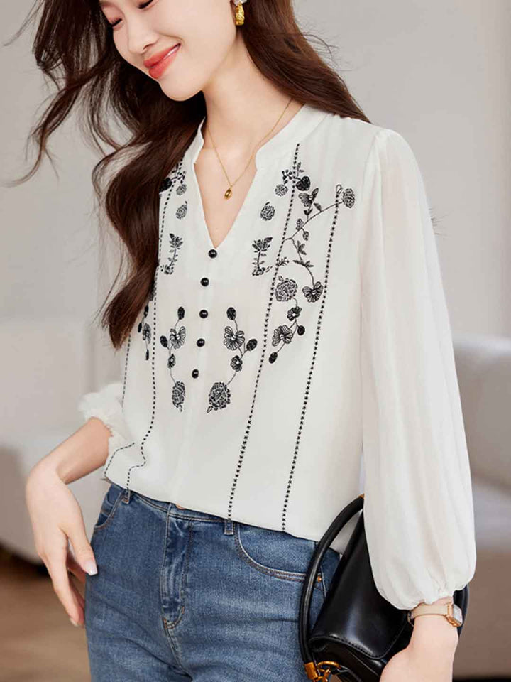 Sydney Loose V-Neck Lantern Sleeve Embroidered Chiffon Top