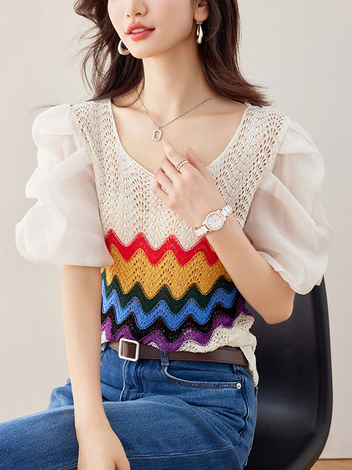 Zoe Retro Puff Sleeve Hollowed Knitted Top