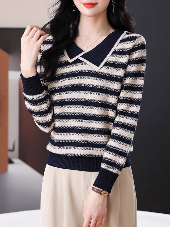 Sofia Loose Lapel Striped Knitted Sweater