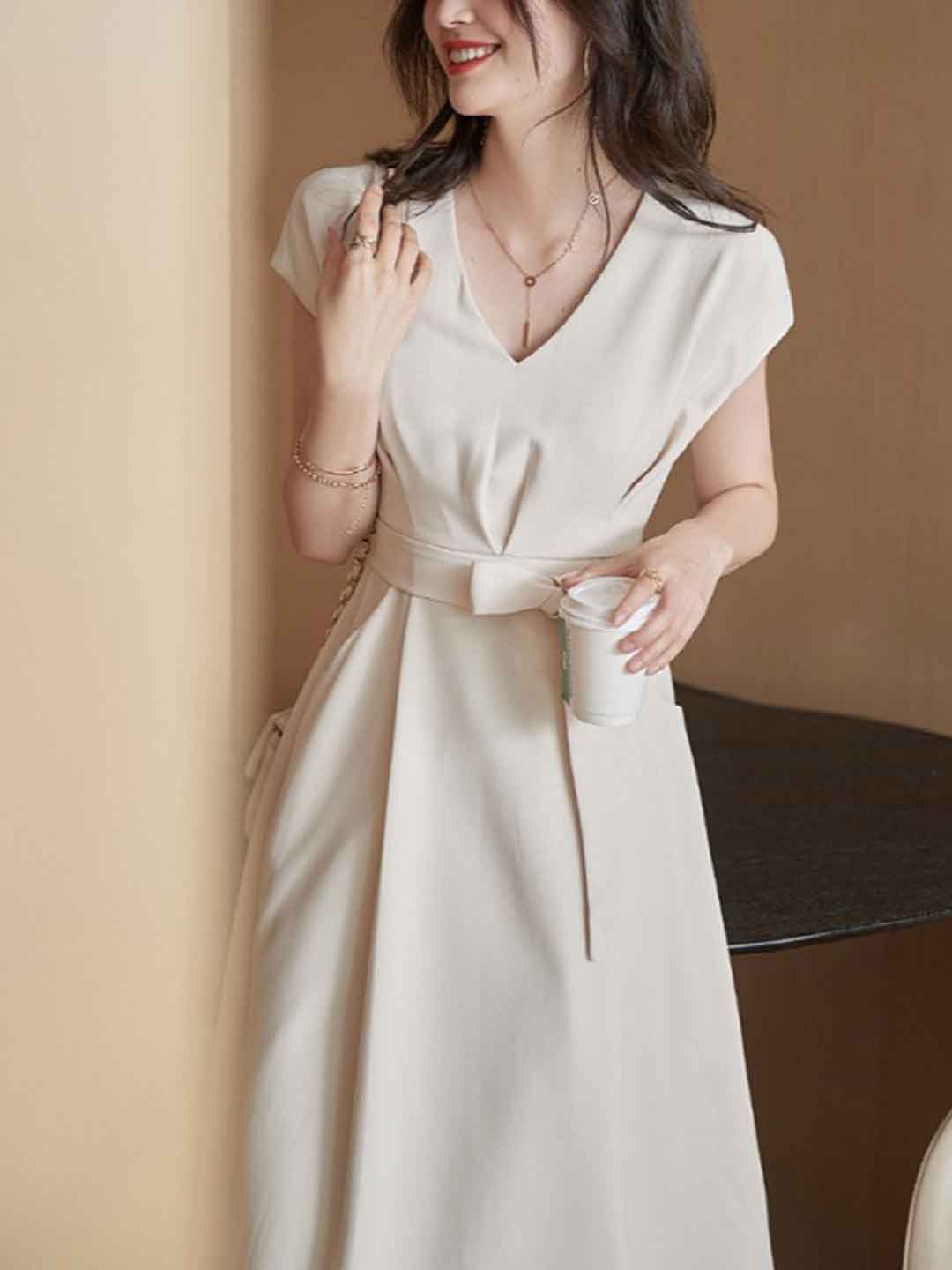 Brianna Classic V-Neck Solid Color Tie Dress