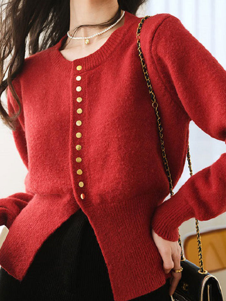 Claire Classic Crew Neck Solid Color Knitted Cardigan