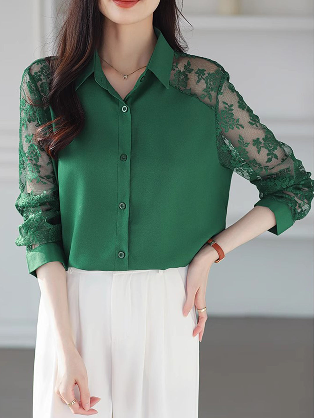 Sophie Loose Lapel Panel Lace Chiffon Shirt