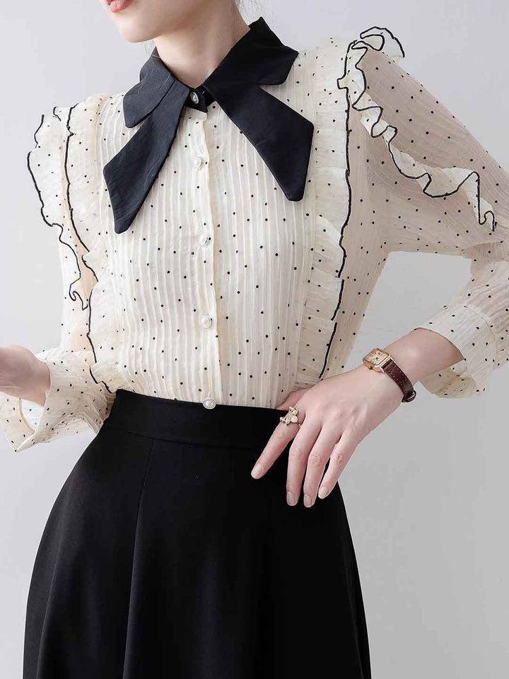 Ava Elegant Bow Lantern Sleeve Polka Dot Chiffon Shirt