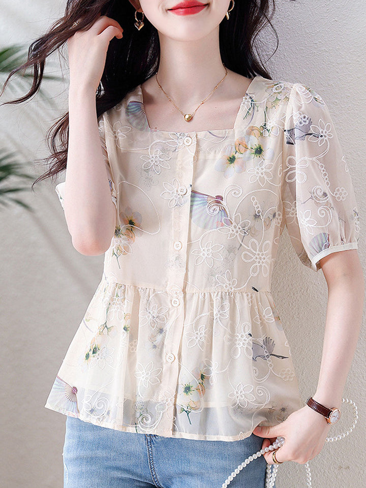 Kaitlyn Loose Puff Sleeve Printed Chiffon Blouse