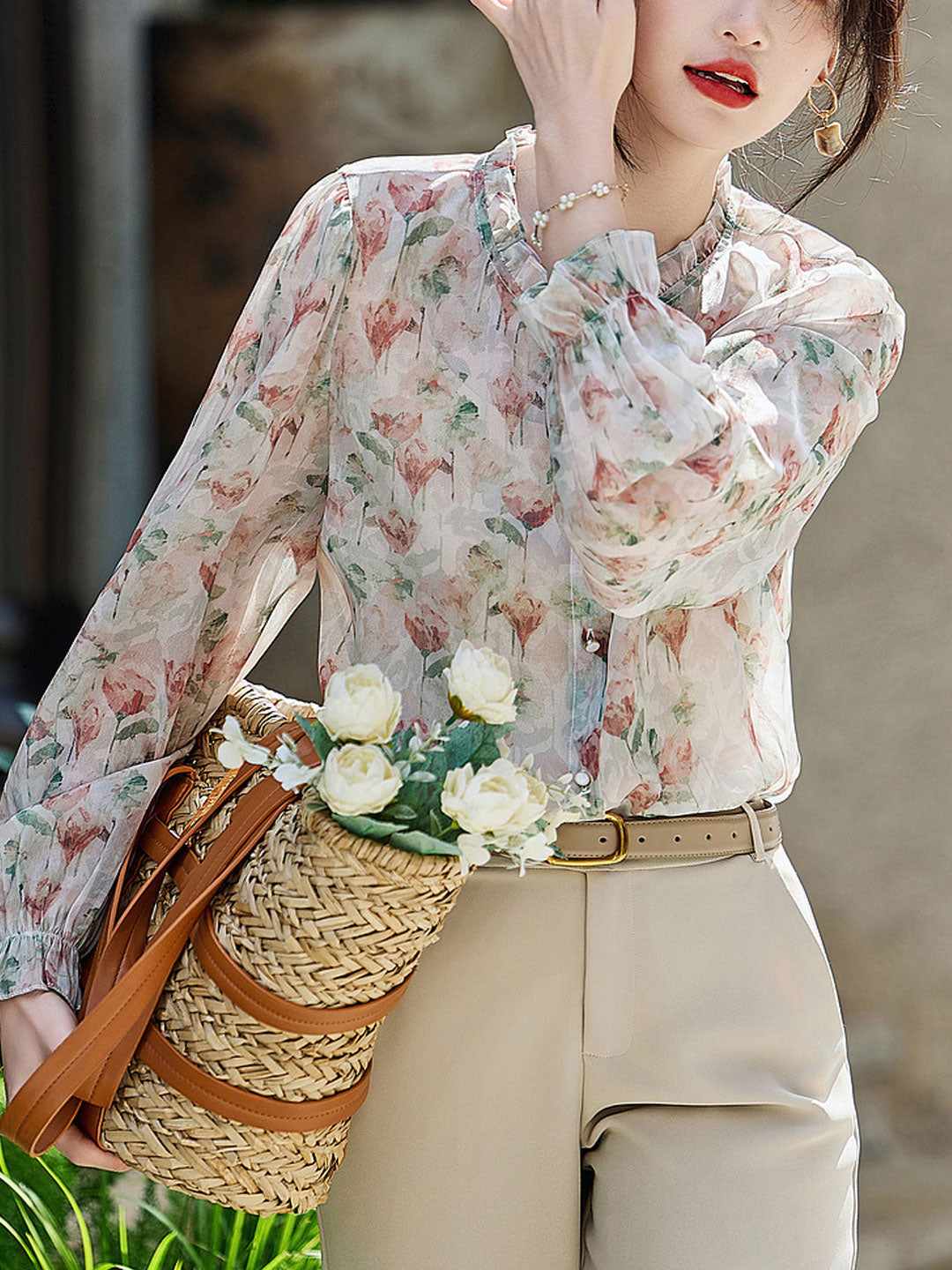 Zoe Classic Floral Ruffled Chiffon Shirt