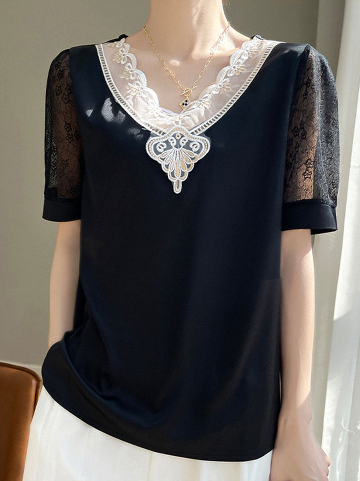 Ava Classic V-Neck Hollowed Lace Satin Top