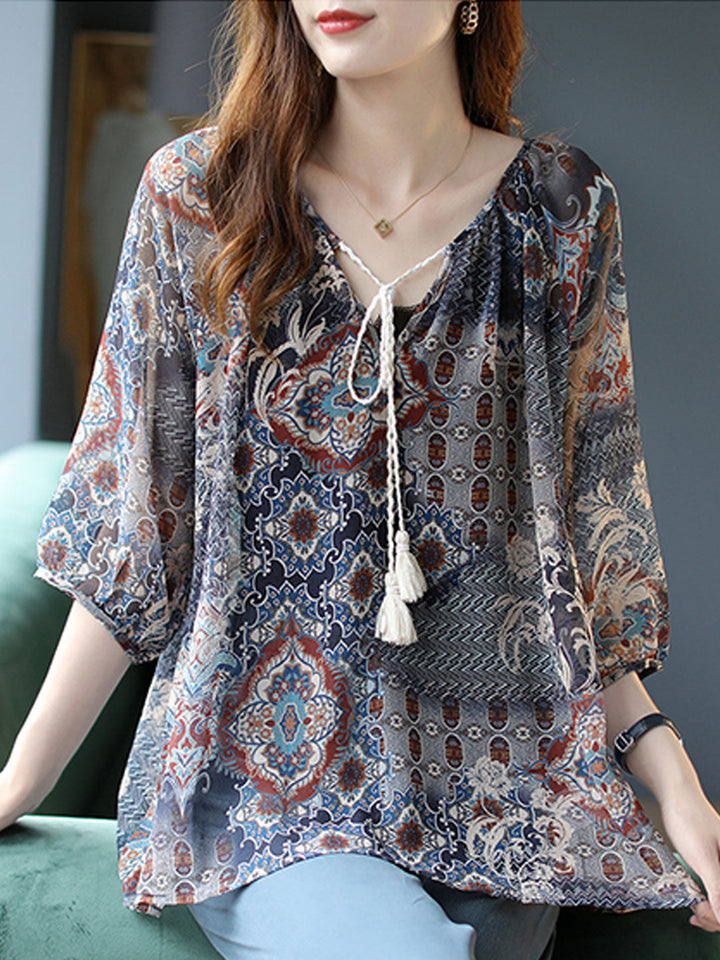 Kayla Loose Lantern Sleeve Auricular Floral Chiffon Top