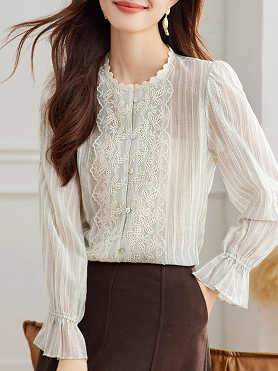 Jessica Vintage Mesh Embroidered Striped Lace Shirt