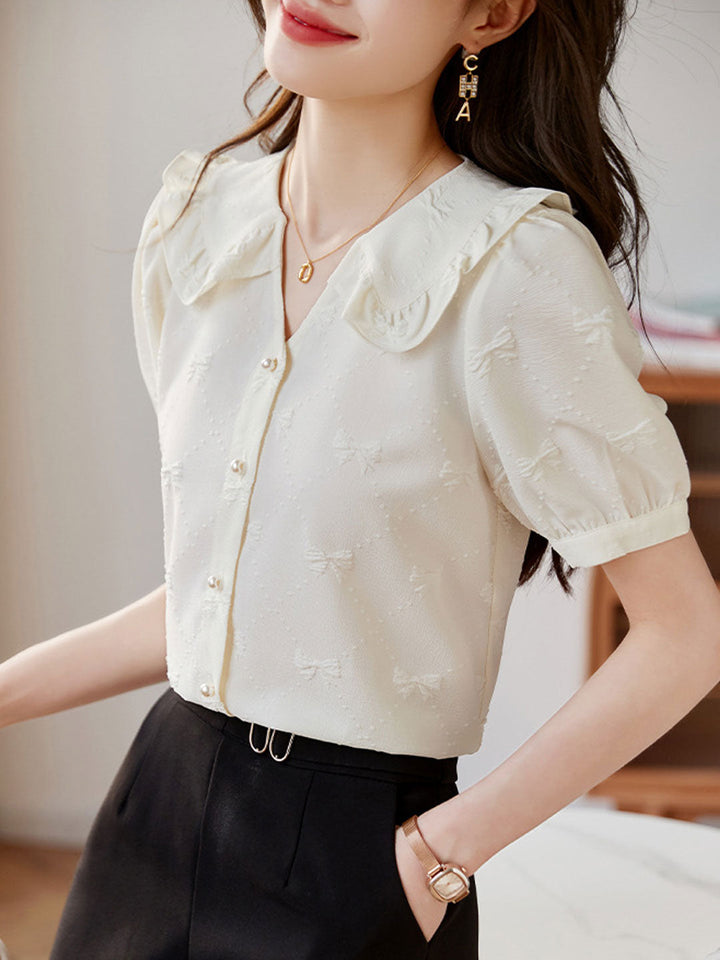 Emily Retro V-Neck Puff Sleeve Bow Embroidered Top