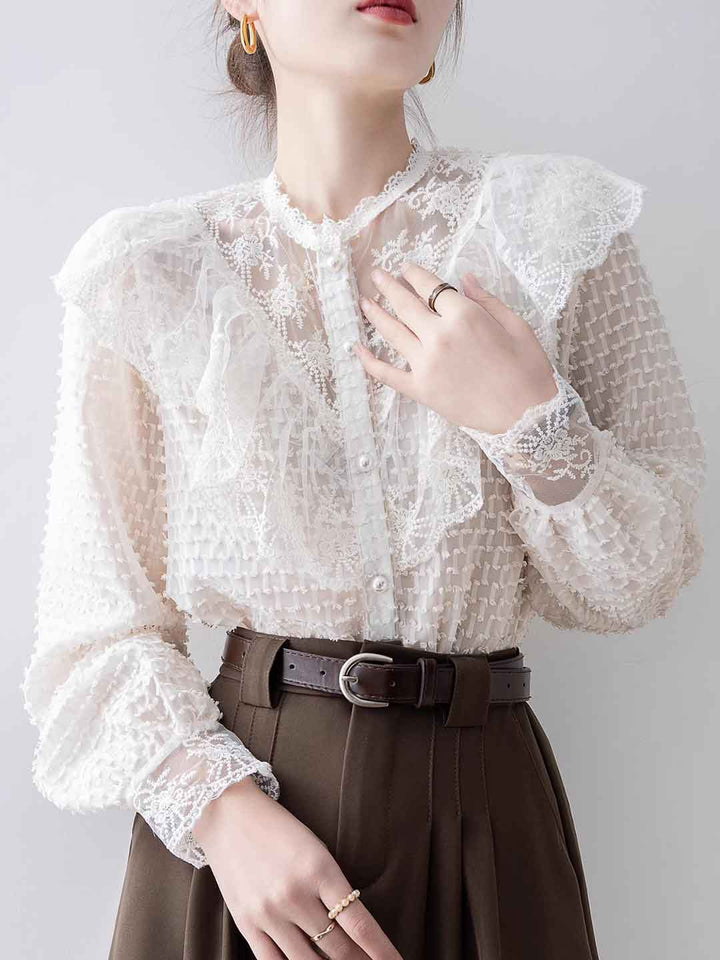 Olivia Vintage Crew Neck Lace Ruffle Mesh Shirt