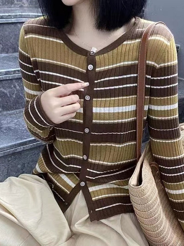 Sophia Slim Crew Neck Striped Button Knitted Cardigan