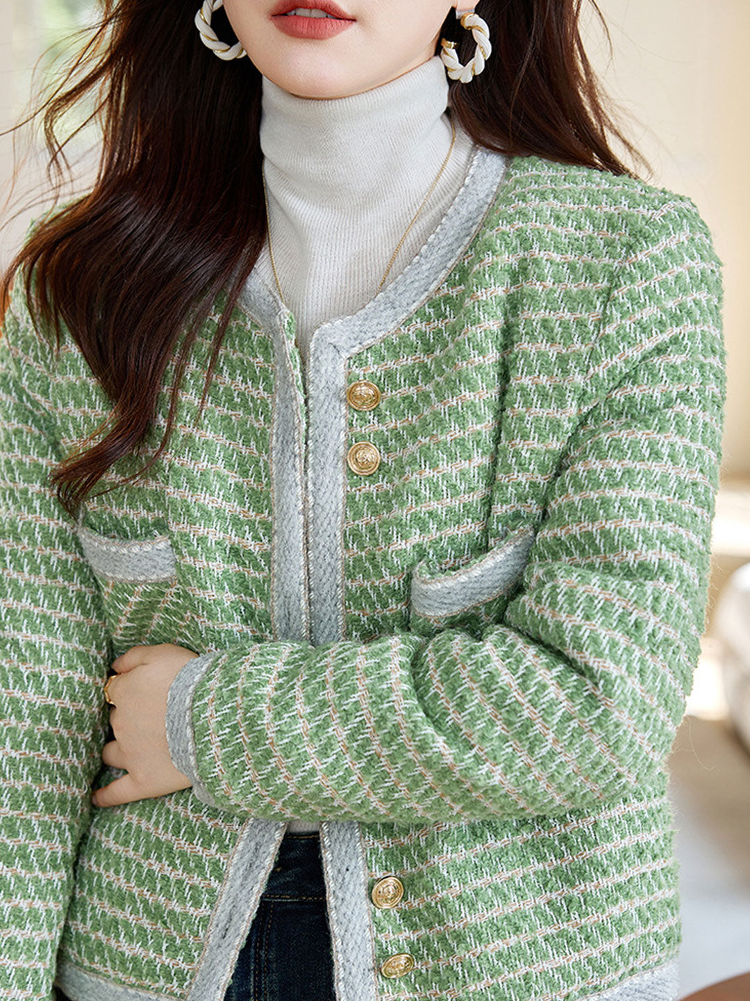 Molly Classic Crew Neck Yarn Button Tweed Jacket