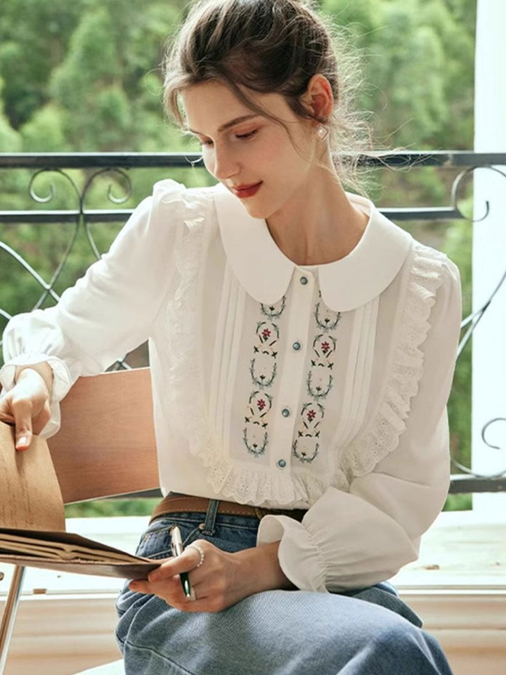 Claire Loose Lapel Puff Sleeve Embroidered Shirt