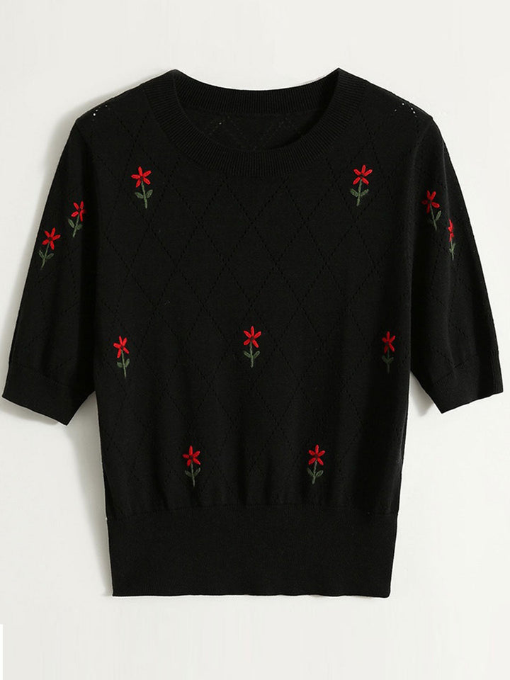 Maria Crew Neck Embroidered Hollowed Knitted Top