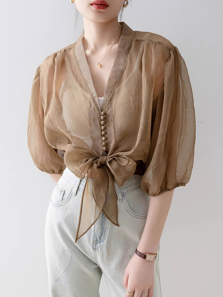 Alyssa Retro V-Neck Lantern Sleeve Chiffon Shirt