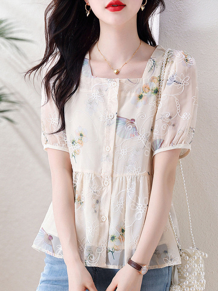 Kaitlyn Loose Puff Sleeve Printed Chiffon Blouse