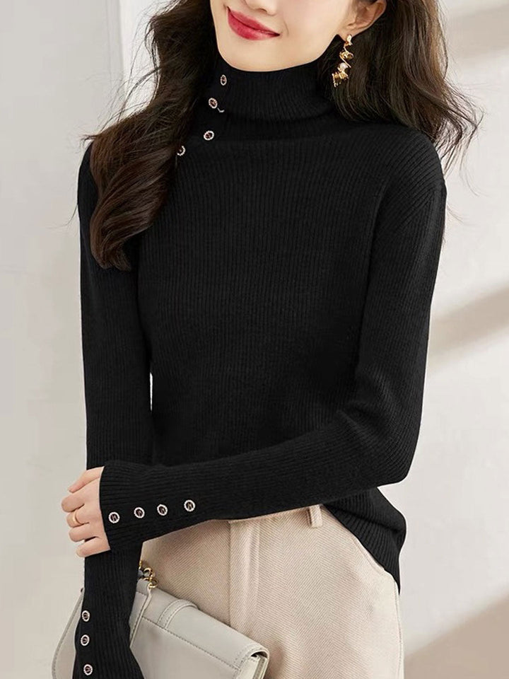 Jessica Turtleneck Solid Color Knitted Button Top-Gray