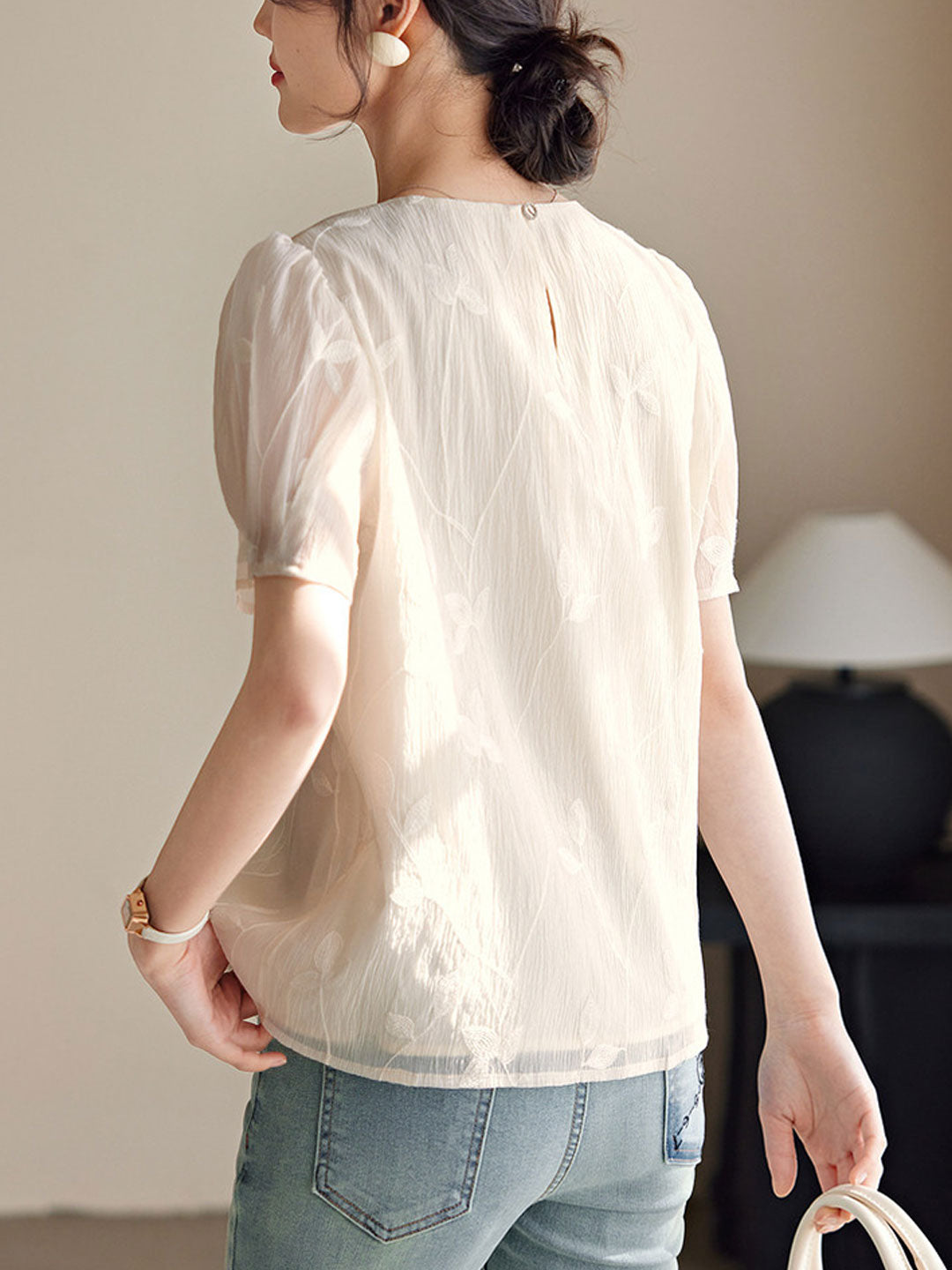 Natalie Elegant Crew Neck Embroidered Ruffled Top