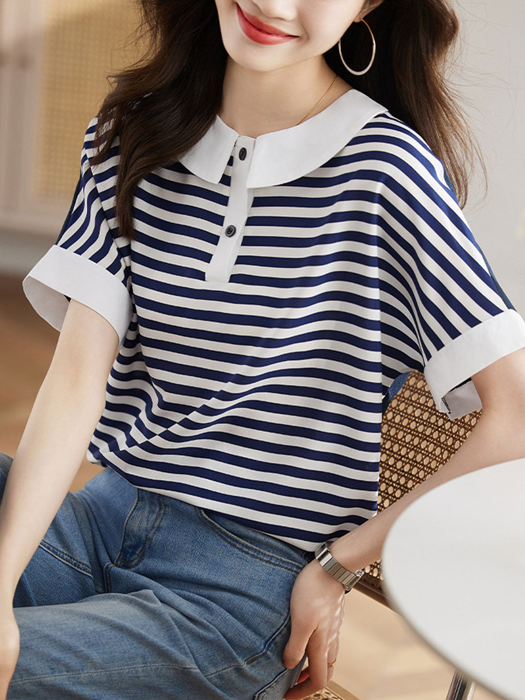 Brianna Loose Doll Collar Contrasted Chiffon Top