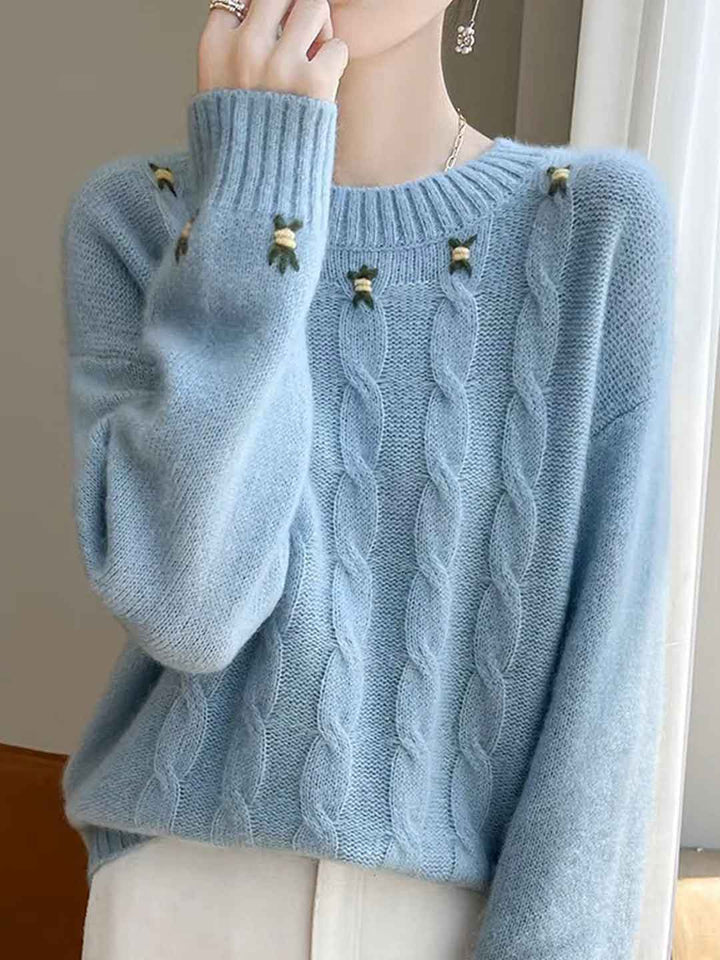 Bella Floral Crew Neck Solid Color Knitted Sweater