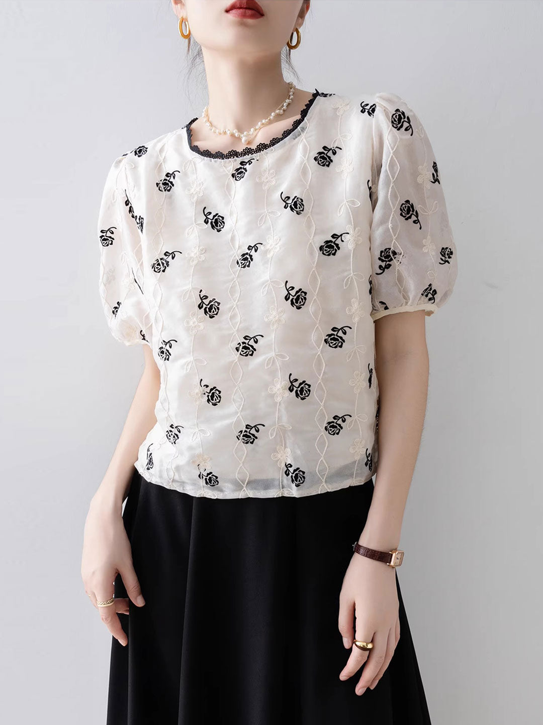 Mariah Vintage Puff Sleeve Embroidered Chiffon Top