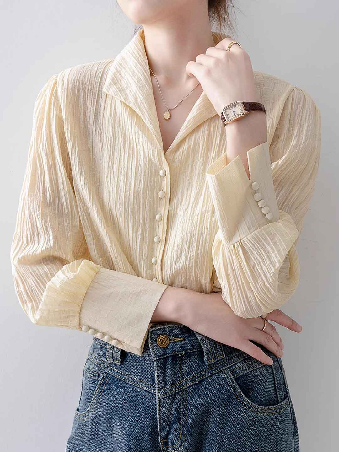 Grace Loose V-neck Lapel Textured Shirt