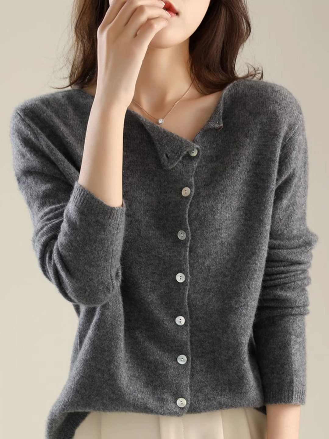 Kayla Classic Crew Neck Knitted Cardigan-Gray