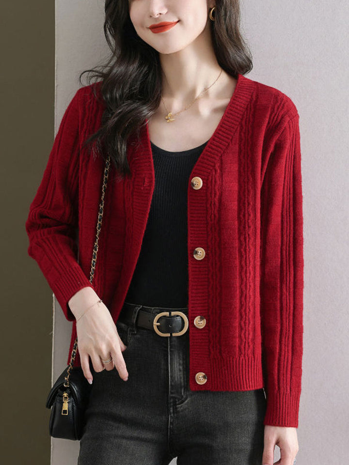 Ava Casual V-Neck Ribbed Solid Color Knitted Cardigan