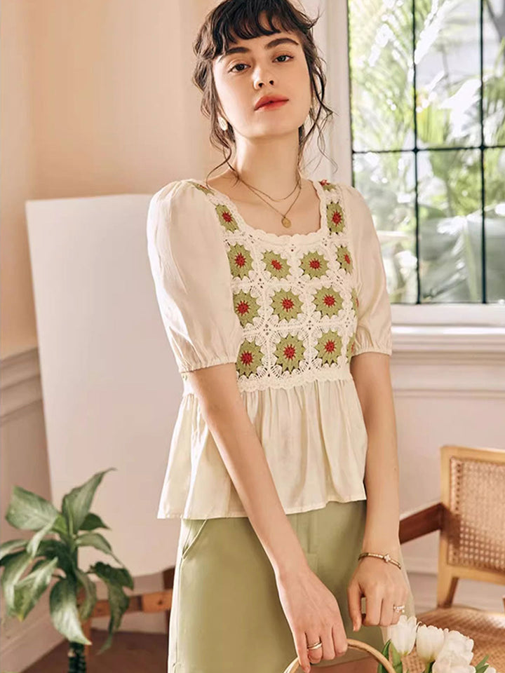 Olivia Retro Square Collar Crocheted Hollowed Chiffon Top