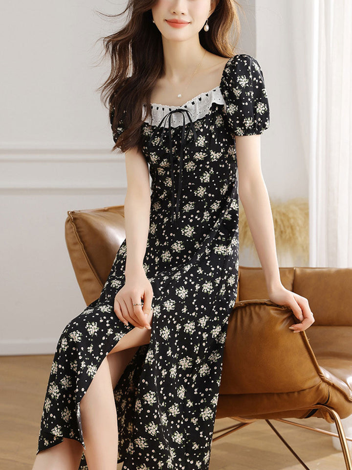 Ariana Vintage Square Neck Puff Sleeve Printed Dress