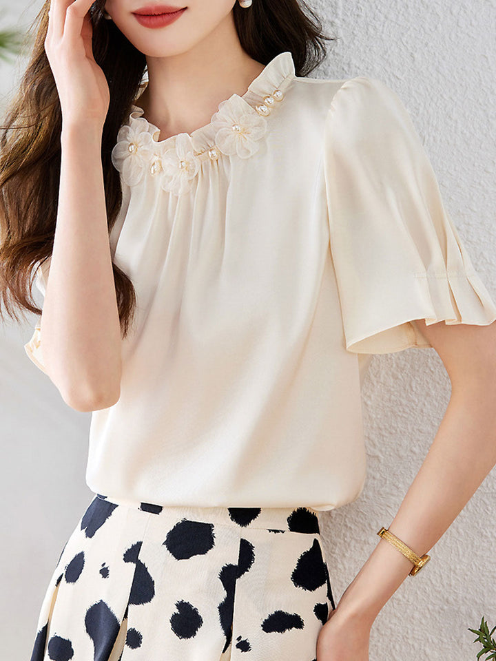 Sarah Elegant Auricular Satin Ruffled Chiffon Top