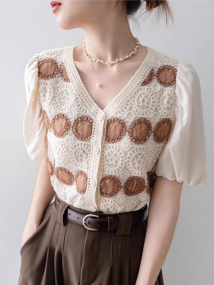 Avery Retro V-Neck Puff Sleeve Hollowed Top