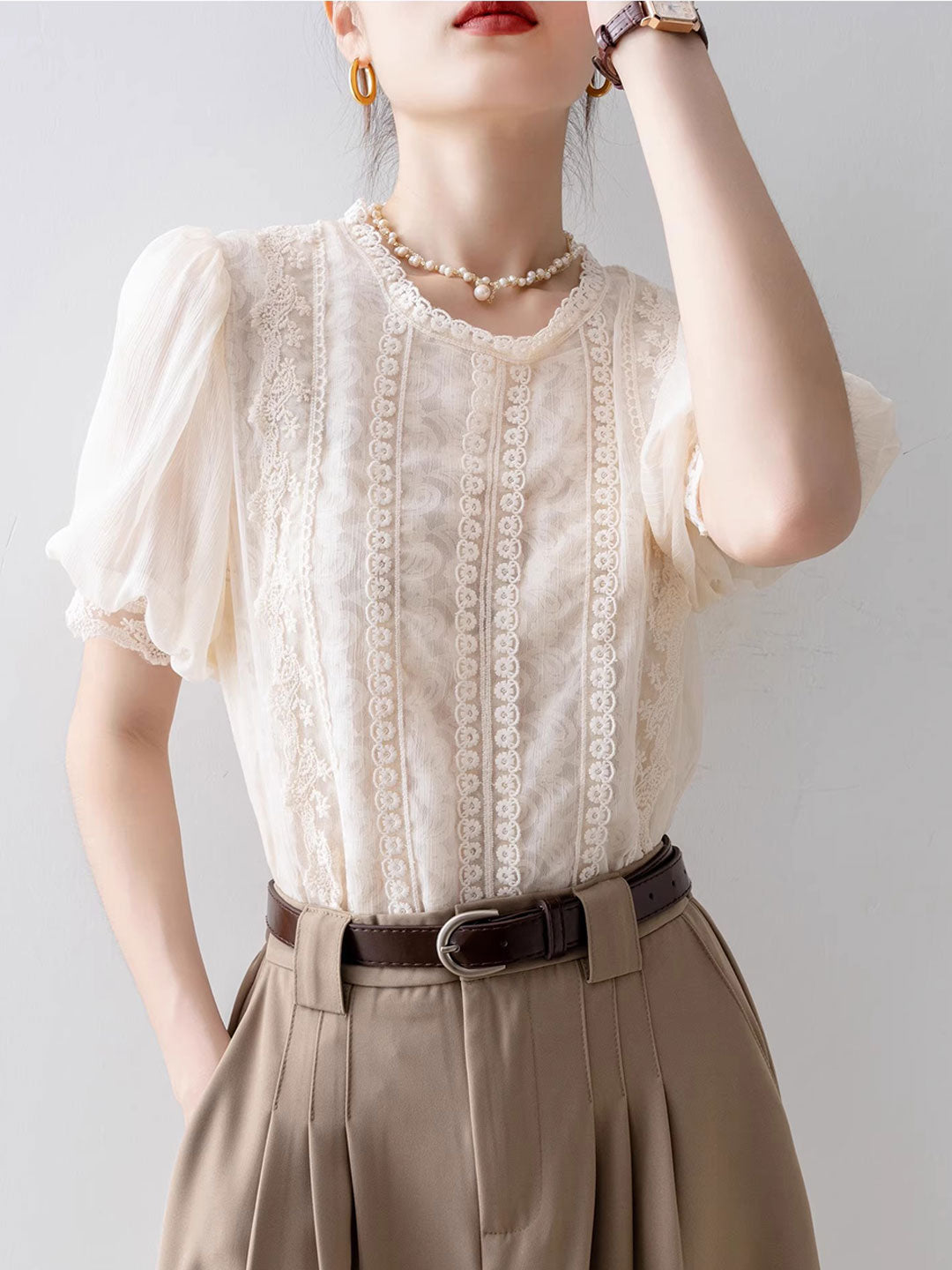 Lillian Retro Crew Neck Puff Sleeve Lace Chiffon Blouse