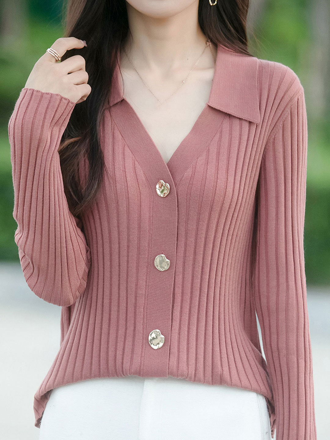 Mia Lapel Solid Color Ribbed Knitted Cardigan