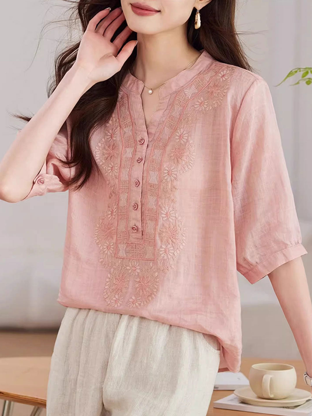 Zoe Loose V-Neck Embroidered Top