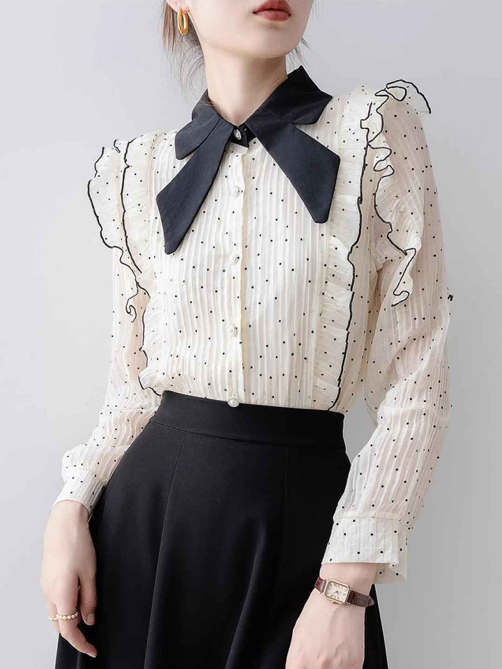 Ava Elegant Bow Lantern Sleeve Polka Dot Chiffon Shirt