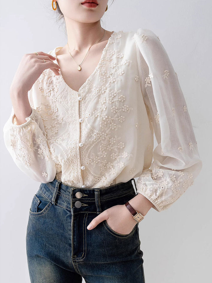 Taylor Retro V-Neck Lace Chiffon Blouse